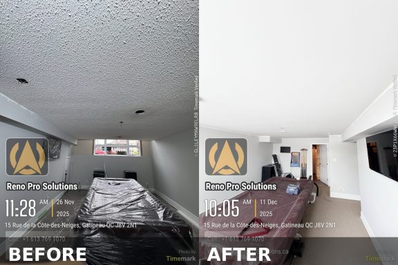 Popcorn ceiling removal before and after in Gatineau smooth ceiling finish Reno Pro Solutions