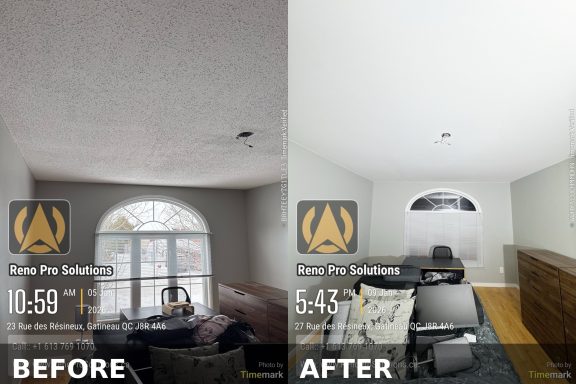 Popcorn ceiling removal before and after in Gatineau smooth ceiling finish Reno Pro Solutions