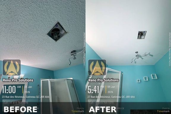 Popcorn ceiling removal before and after in Gatineau smooth ceiling finish Reno Pro Solutions