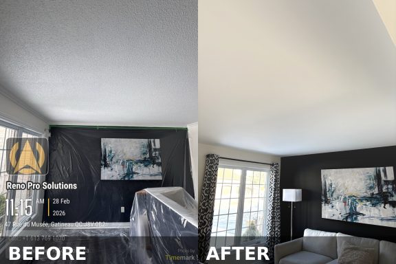 Popcorn ceiling removal before and after in Gatineau smooth ceiling finish Reno Pro Solutions
