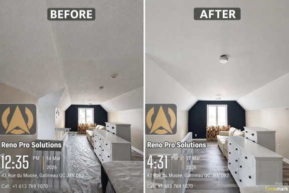 Popcorn ceiling removal before and after in Gatineau smooth ceiling finish Reno Pro Solutions